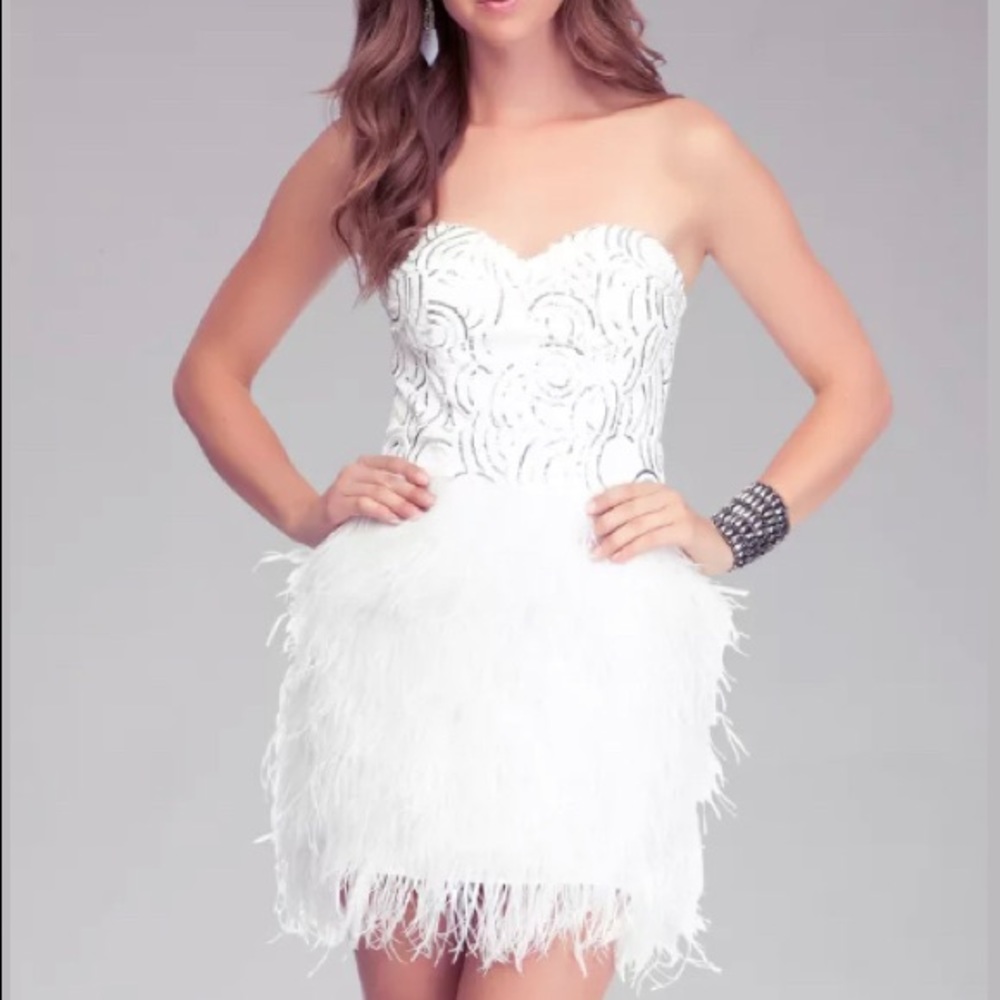 Bebe strapless mini feather dress.  Never worn!